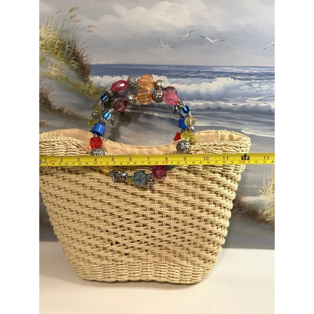 Cappelli Straworld Woven Straw Tote Beach Bag Beaded Handle Charms Tan Summer - Picture 8 of 10